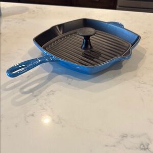 Le Creuset Marseille Blue Cast Iron Grill Pan with Press